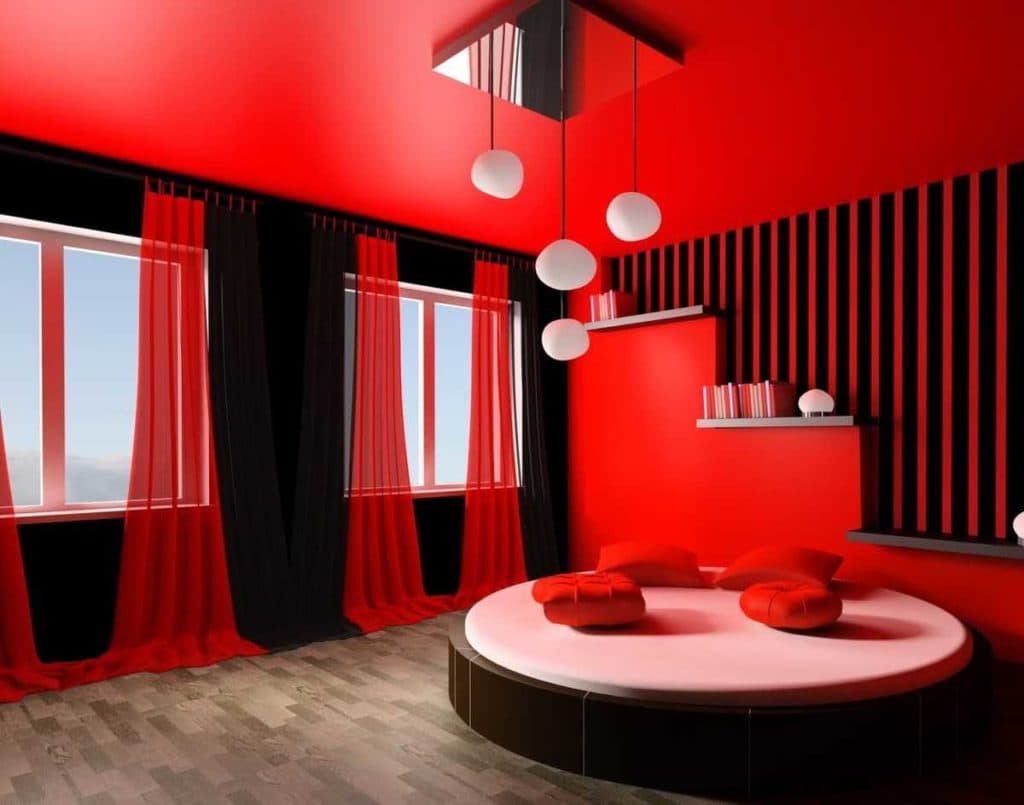 красный натяжной потолок гостиная фото